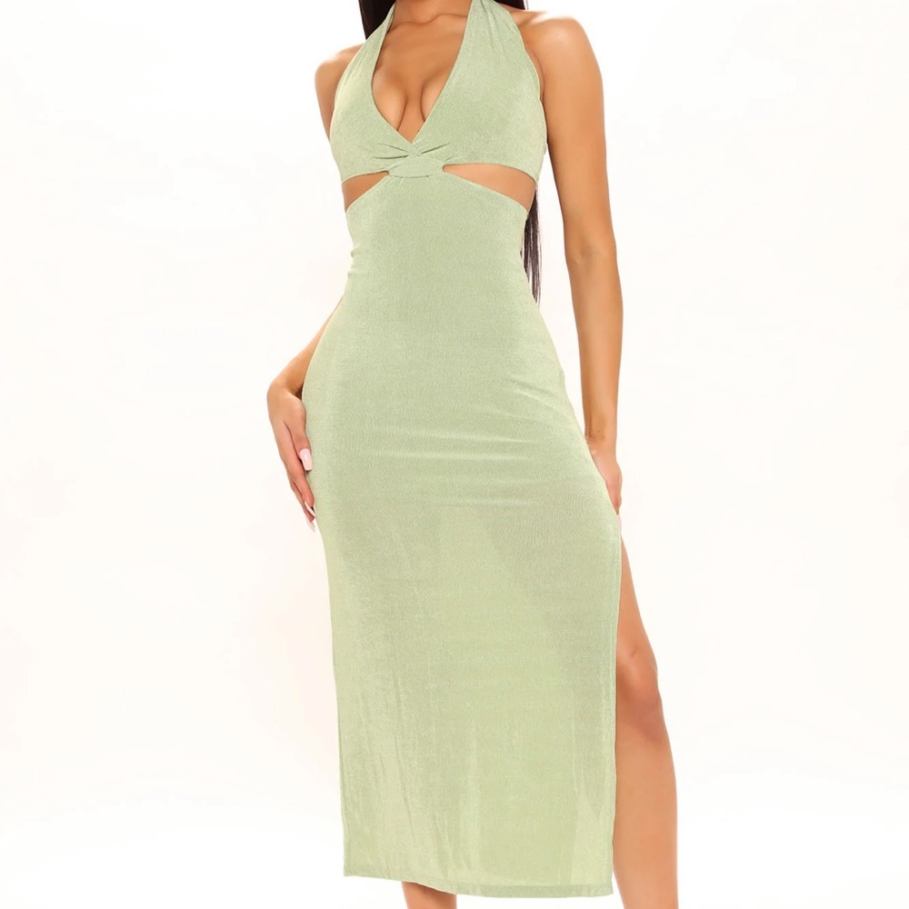 Sage Green Slinky Halter Maxi Dress